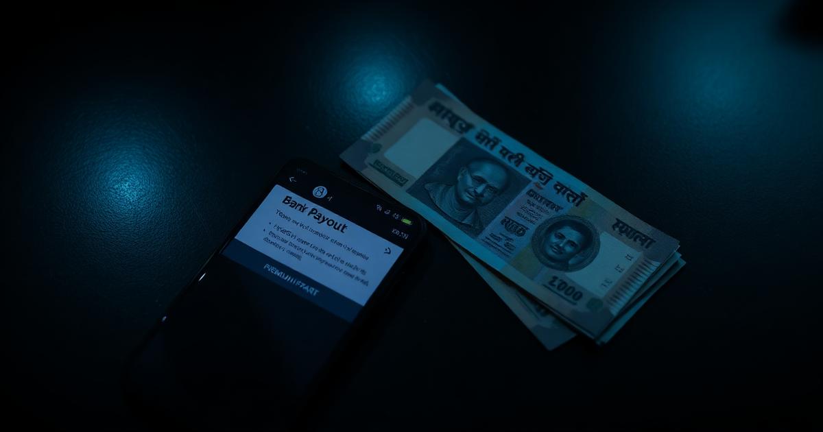 Illustration for the guide "How prop firm payouts work in India: process, timelines and documents" — a phone showing a bank payout alert next to Indian rupee notes.