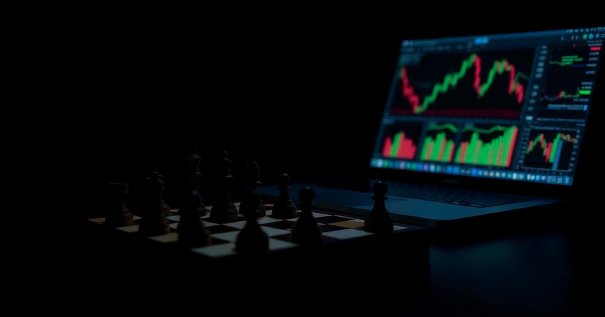 Illustration for the guide "Expiry-day option selling: where funded accounts actually die" — a chess board beside a laptop running trading charts.