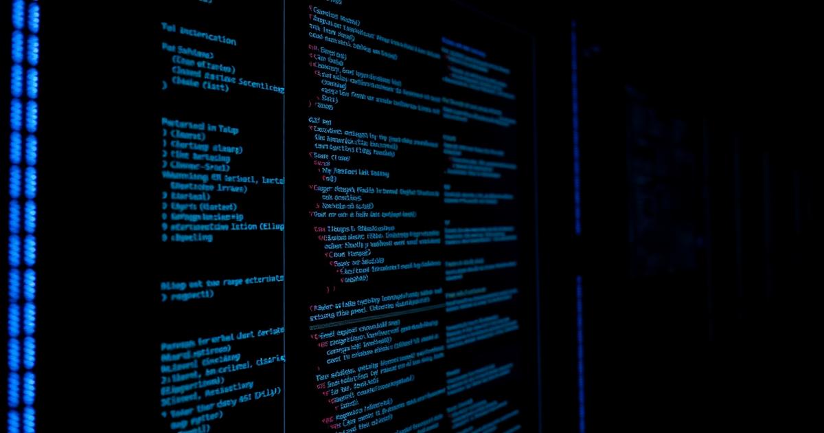 Illustration for the guide "Backtesting a strategy properly: avoiding the four classic traps" — algorithmic trading code on a dark screen in a server room.