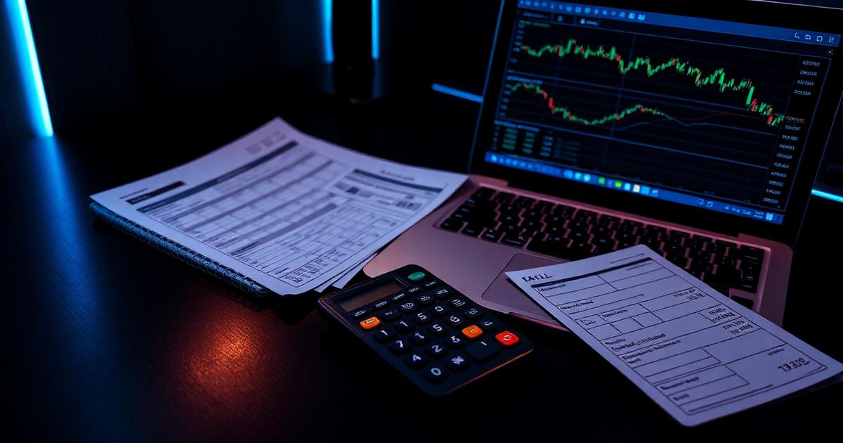 Illustration for the guide "Taxation of trading income in India: a practical overview" — Indian tax paperwork and a calculator beside a laptop showing trading profit and loss.