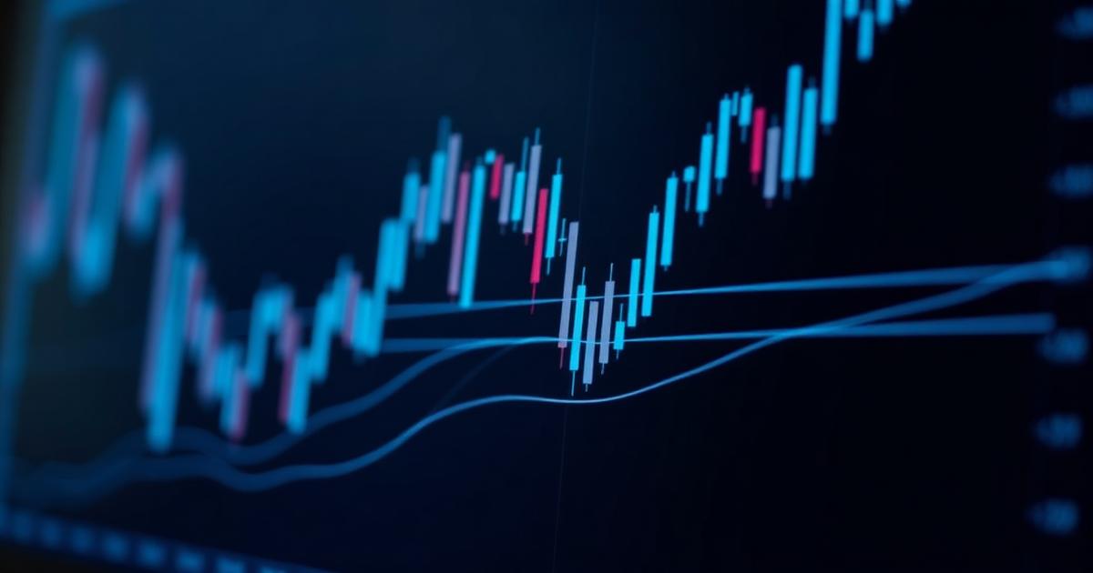 Illustration for the guide "Support and resistance: making a vague idea measurable" — a close-up of a candlestick chart with trendlines and moving averages.